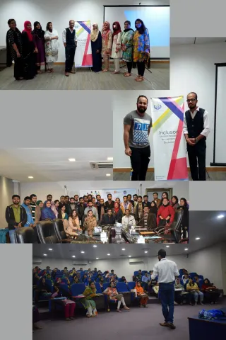 Collage of four images showing various groups of people in a professional setting. The first image features nine women and one man standing in a room with a banner that reads "Inclusion, Understanding, Acceptance, Exclusion." The second image shows two men standing next to the same banner. The third image depicts a large group of people gathered in a conference room around a table. The fourth image shows a lecture hall with people seated in blue chairs, and a man standing at the front facing the audience.