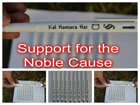 The image features a white pen with the inscription "Kal Hamara Hai" along with some symbols. The main part of the image highlights the phrase "Support for the Noble Cause" in bold red text. Additional smaller images show multiple pens arranged neatly and being held by a person outdoors