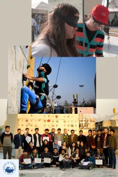 A collage of three images depicting activities related to paraclimbing. The top image shows a woman wearing a blindfold, assisted by a person in a red cap. The middle image features a blindfolded man climbing a wall. The bottom image is a group photo of people holding certificates in front of a climbing wall, with the Pakistan Paraclimbing Club logo in the corner.