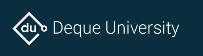 The image contains the logo of Deque University, with a dark blue background. The logo includes a geometric diamond-shaped design with the letters "du" inside, followed by the text "Deque University" in a clean, sans-serif font.